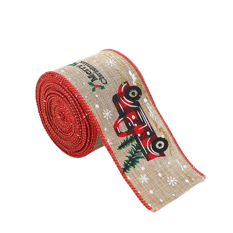 Panglica de Craciun pentru Decor Brad, Flippy, Panglica Decorativa de Craciun pentru Funde, Imprimeu Pick-Up Merry Christmas, 200 x 6.3 m, Khaki Rosu