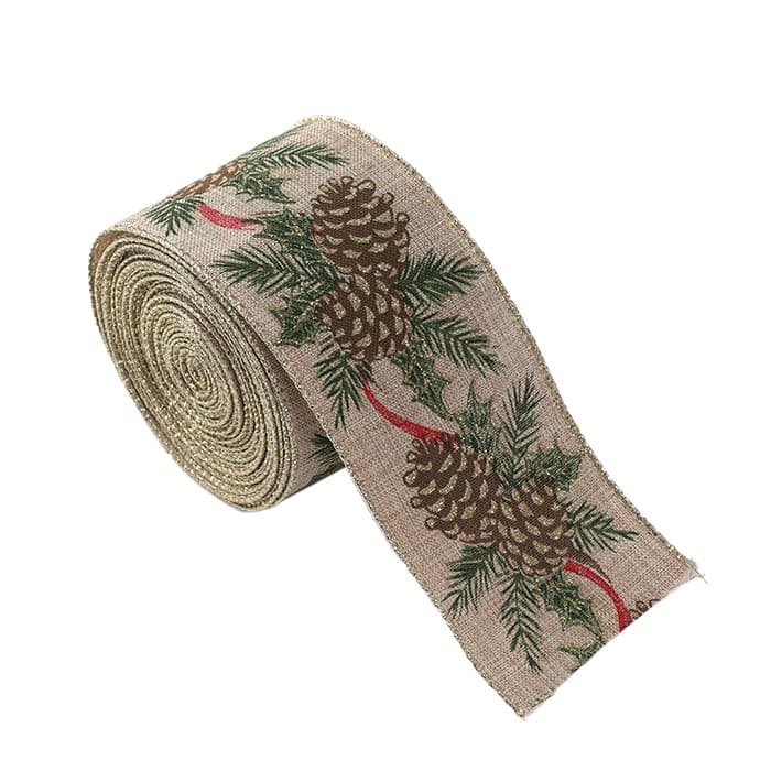 Panglica de Craciun pentru Decor Brad, Flippy, Panglica Decorativa de Craciun pentru Funde, Imprimeu Conuri de Brad, 200 x 6.3 m, Khaki Verde Maro