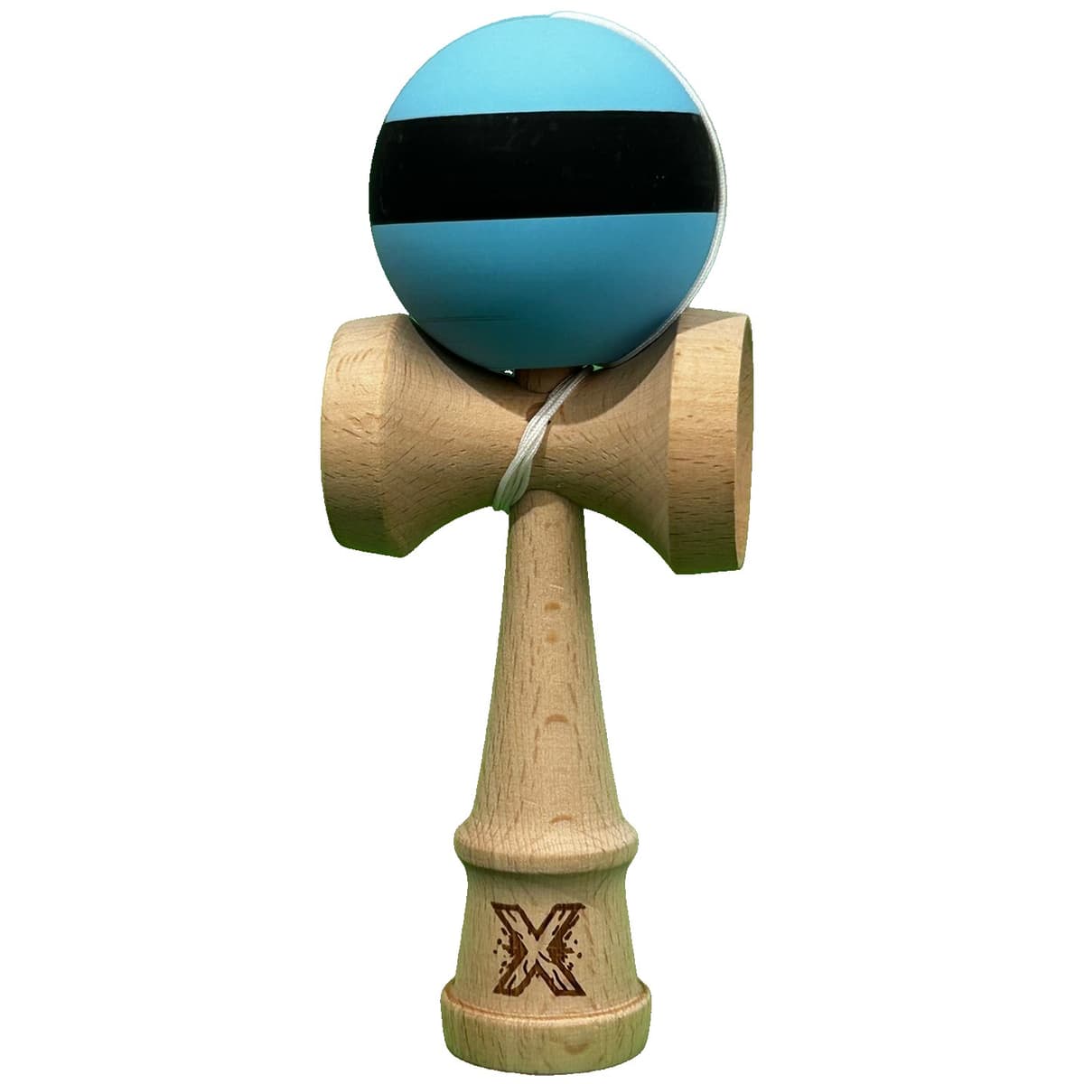Kendama X Originala, Profesionala, Flippy, din Lemn, 18 cm, Rubber Grip, Dungi Albastru/Negru