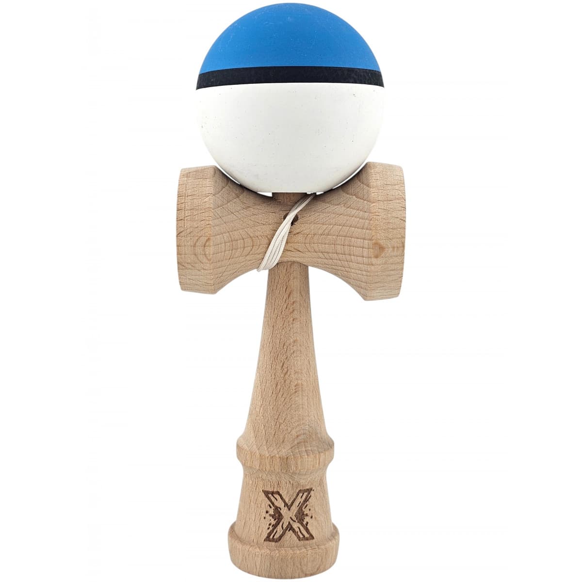 Kendama X Originala, Profesionala, Flippy, din Lemn, 18 cm, Rubber Grip, Albastru/Alb