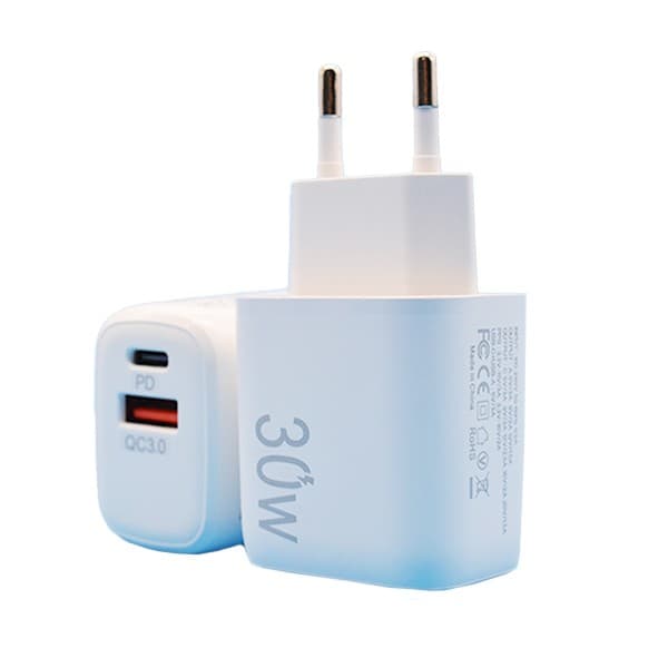 Incarcator Fast Charging pentru Telefon, Flippy, Dual Port USB-A si USB-C cu Cap de Incarcare Standard European, 30W Q.C 3.0, Alb