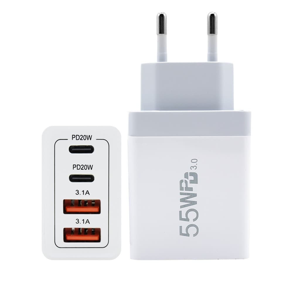Incarcator Fast Charge pentru Telefon 55W, Flippy, Incarcator Quick Charge cu 2 Porturi USB-A 3.1A & 2 Porturi USB-C, Power