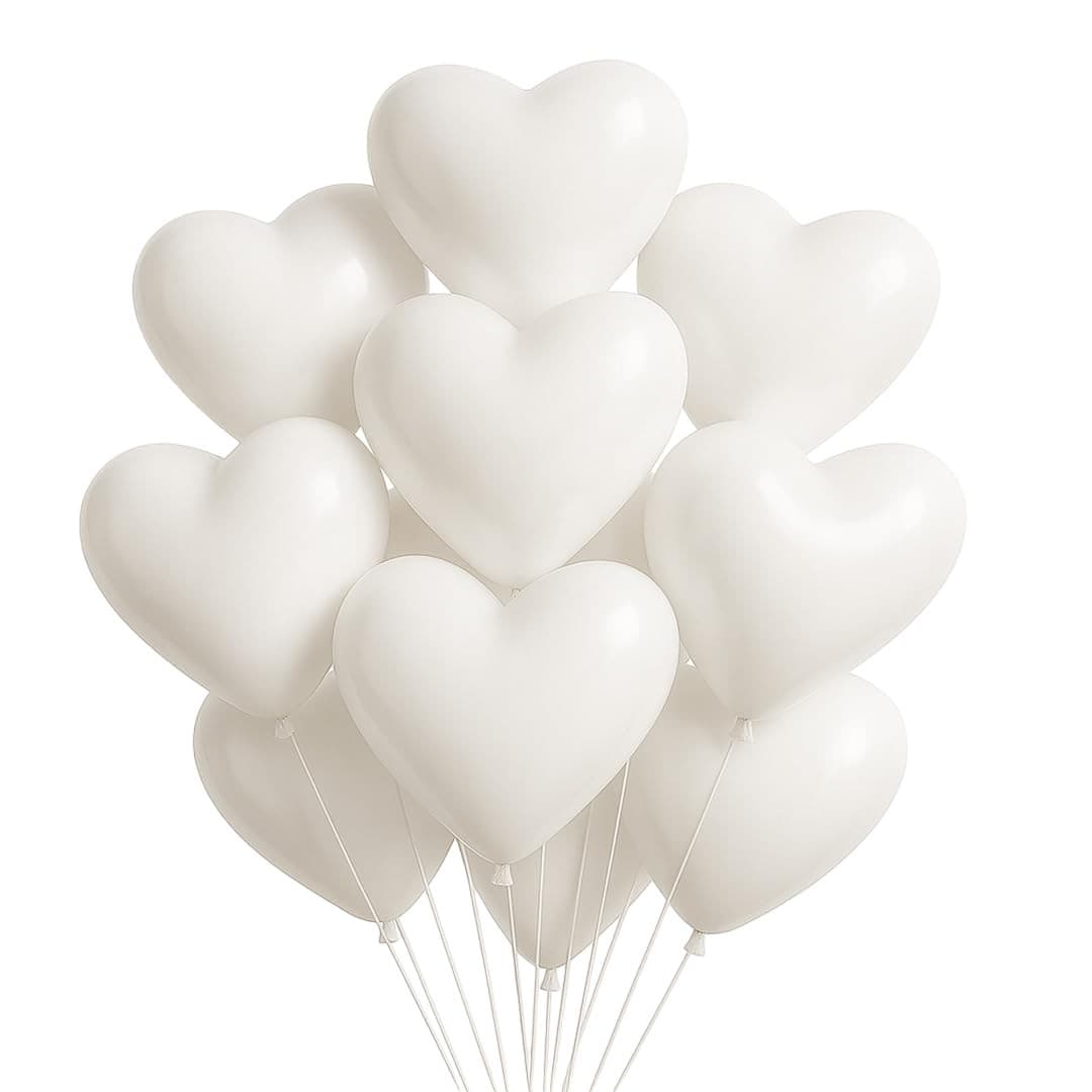Set 10 Baloane, Flippy, Model Inima, din Latex, 25 cm, Alb