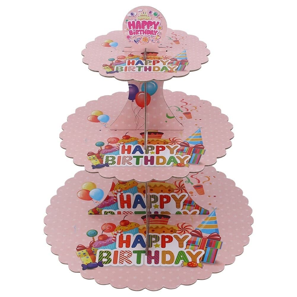 Etajera pentru Prajituri, Flippy, din Carton, 3 Nivele, 16/22/29 cm Diametru, Inaltime 38 cm, Tema Happy Birthday, Roz
