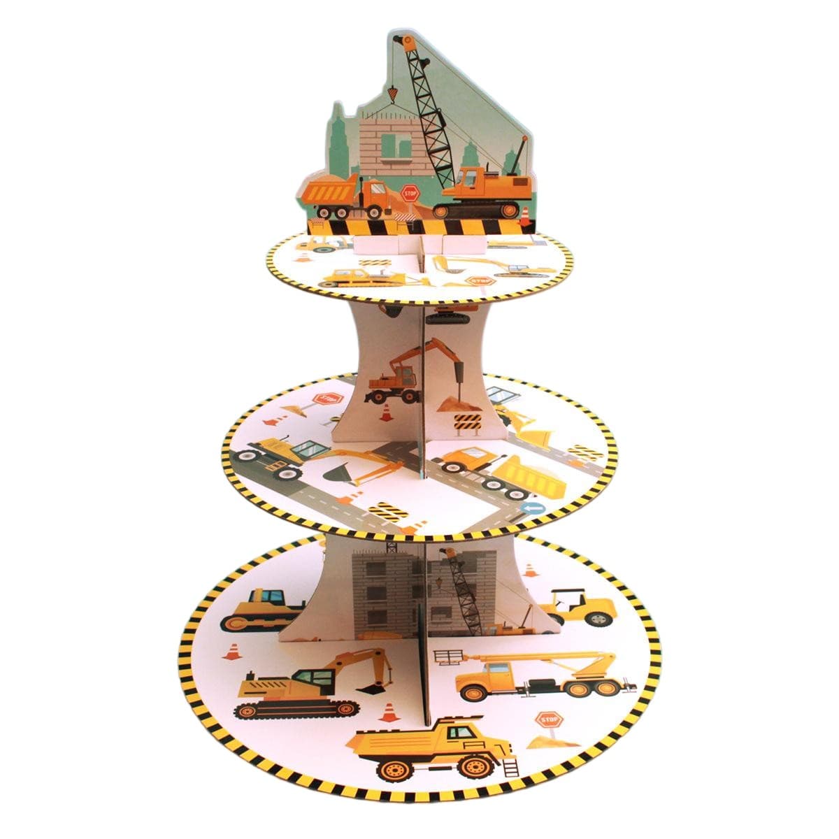 Etajera pentru Prajituri, Flippy, din Carton, 3 Nivele, 16/22/29 cm Diametru, Inaltime 38 cm, Tema Utilaje de Santier, Multicolor