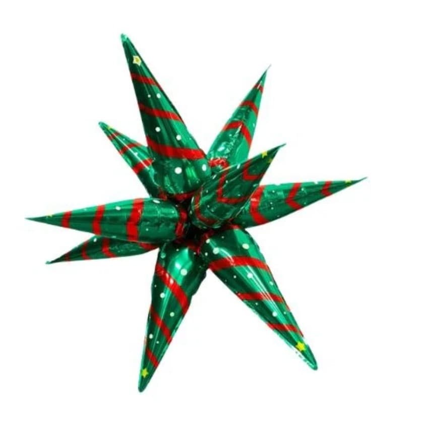 Balon Stea, Flippy, din Folie de Aluminiu, Tema Craciun, 12 Varfuri, 65 x 23 cm, Verde/Rosu