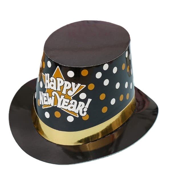 Palarie Tip Lincoln, Flippy, Model Happy New Year cu Buline, Accesoriu Petrecere de Anul Nou, Marime Universala, din Carton, Negru/Auriu