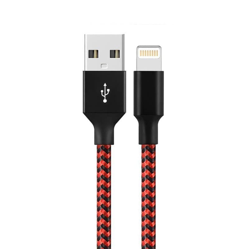 Cablu de Date pentru Telefon, Flippy, Cablu USB spre Lightning Compatibil cu iPhone, Lungime 2 M, Impletit Triunghiular in 2 culori, Rosu Negru