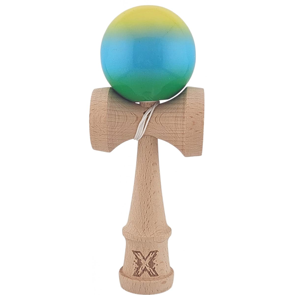 Kendama X Originala, Profesionala, Flippy, Super Sticky din Lemn, 18 cm, Gradient Galben/Albastru deschis/Verde