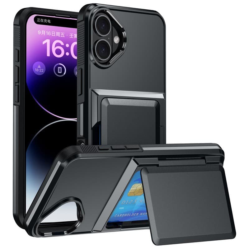 Husa de Protectie compatibila Apple iPhone 17, Flippy, Compartiment pentru Carduri, Anti-alunecare, Protectie PC, Rezistenta la Zgirieturi, Negru