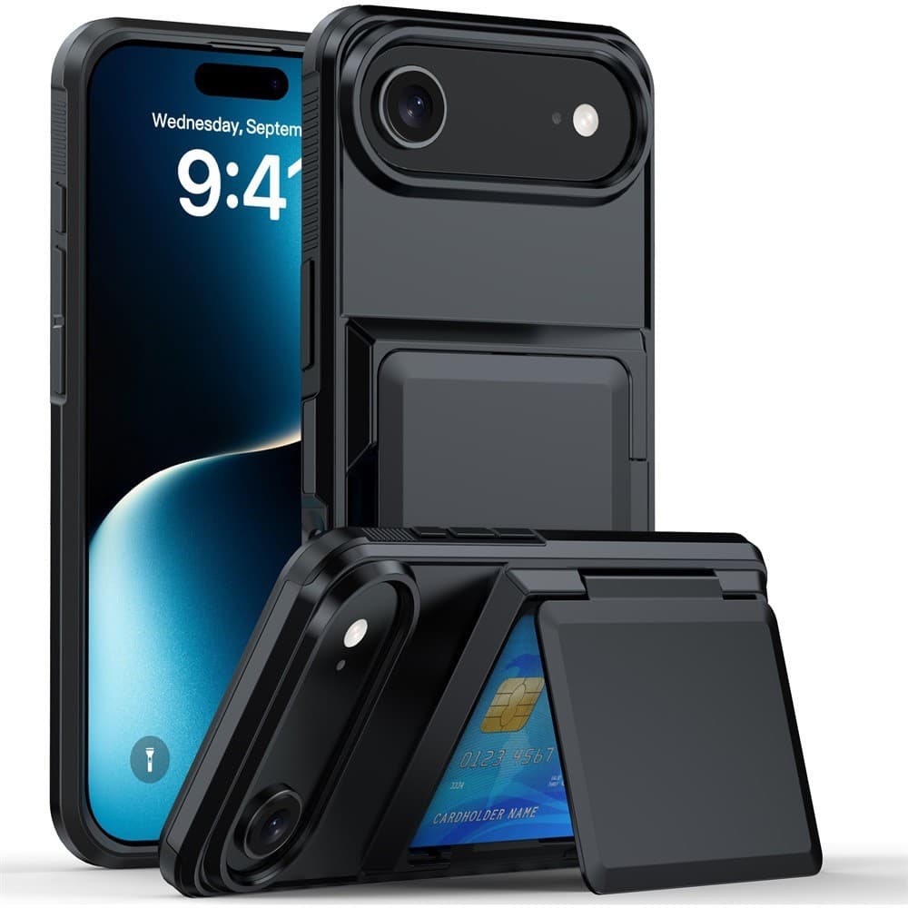 Husa de Protectie compatibila Apple iPhone 17 Air, Flippy, Compartiment pentru Carduri, Anti-alunecare, Protectie PC, Rezistenta la Zgirieturi, Negru