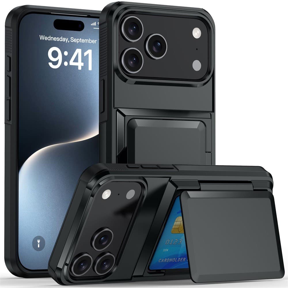Husa de Protectie compatibila Apple iPhone 17 Pro Max, Flippy, Compartiment pentru Carduri, Anti-alunecare, Protectie PC, Rezistenta la Zgirieturi, Negru