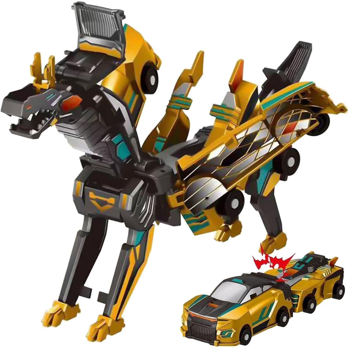 Jucarie Transformabila 2in1, Flippy, Golden Wing Flying Dragon, Masina/Dragon, Atractie Magnetica, +6 Ani, din ABS, Auriu