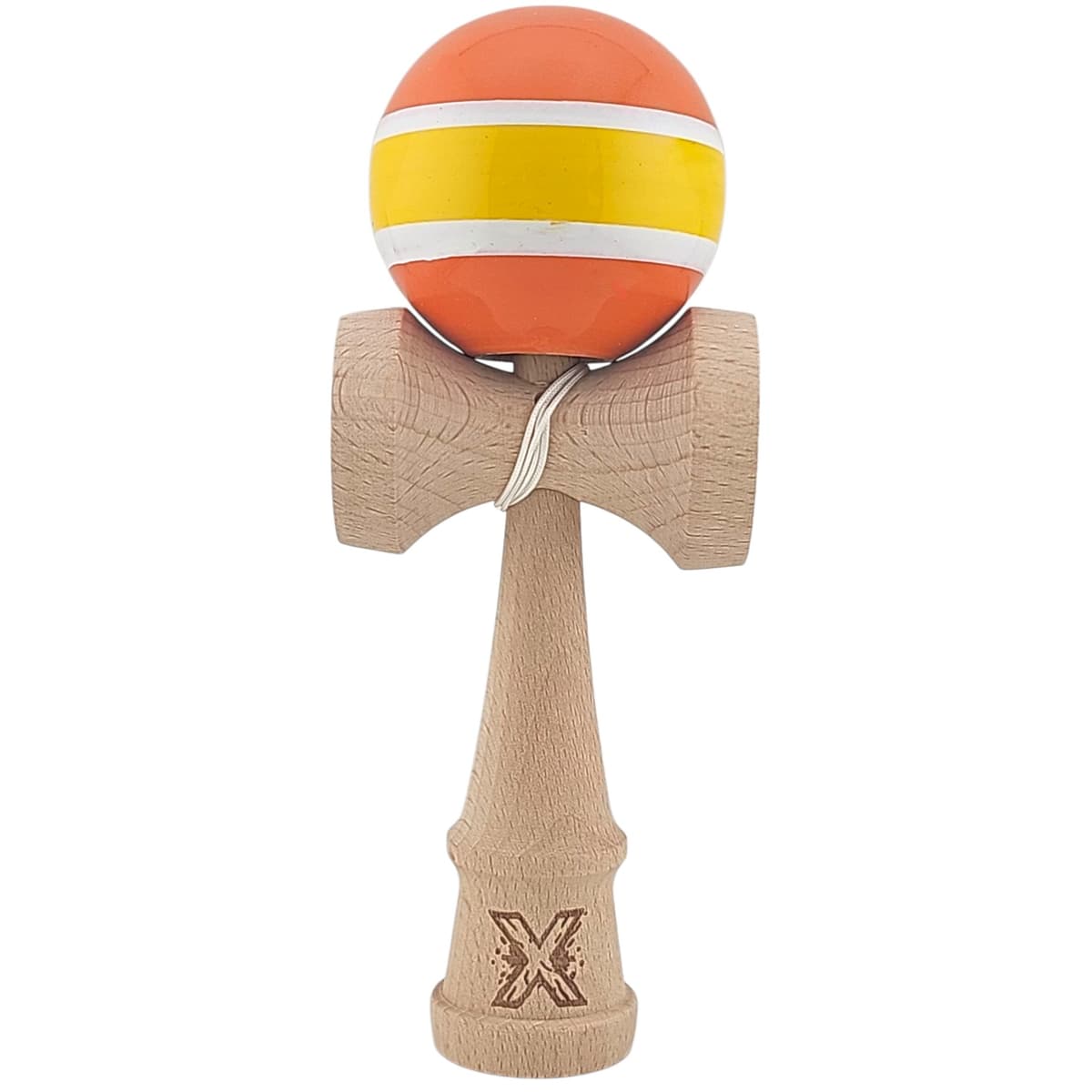 Kendama X Originala, Profesionala, Flippy, Super Sticky din Lemn, 18 cm, Portocaliu/Galben/Alb