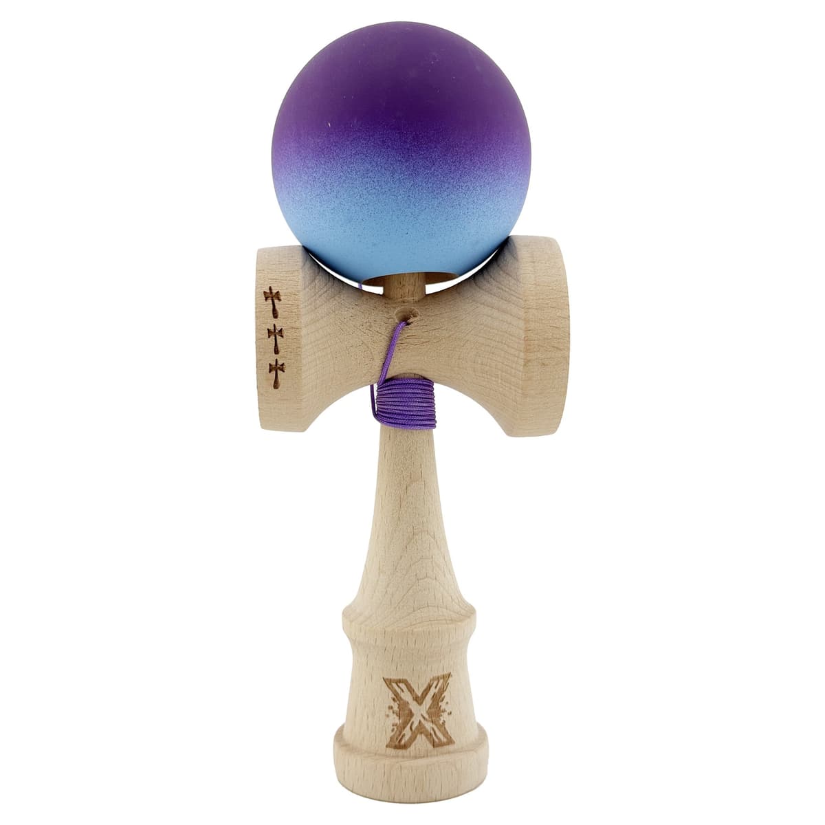 Kendama X Originala, Profesionala, Flippy, Big Cups V2, Rubber Grip cu Cupe Mari, Rulment Metalic cu Ata 55 cm, Violet/Albastru