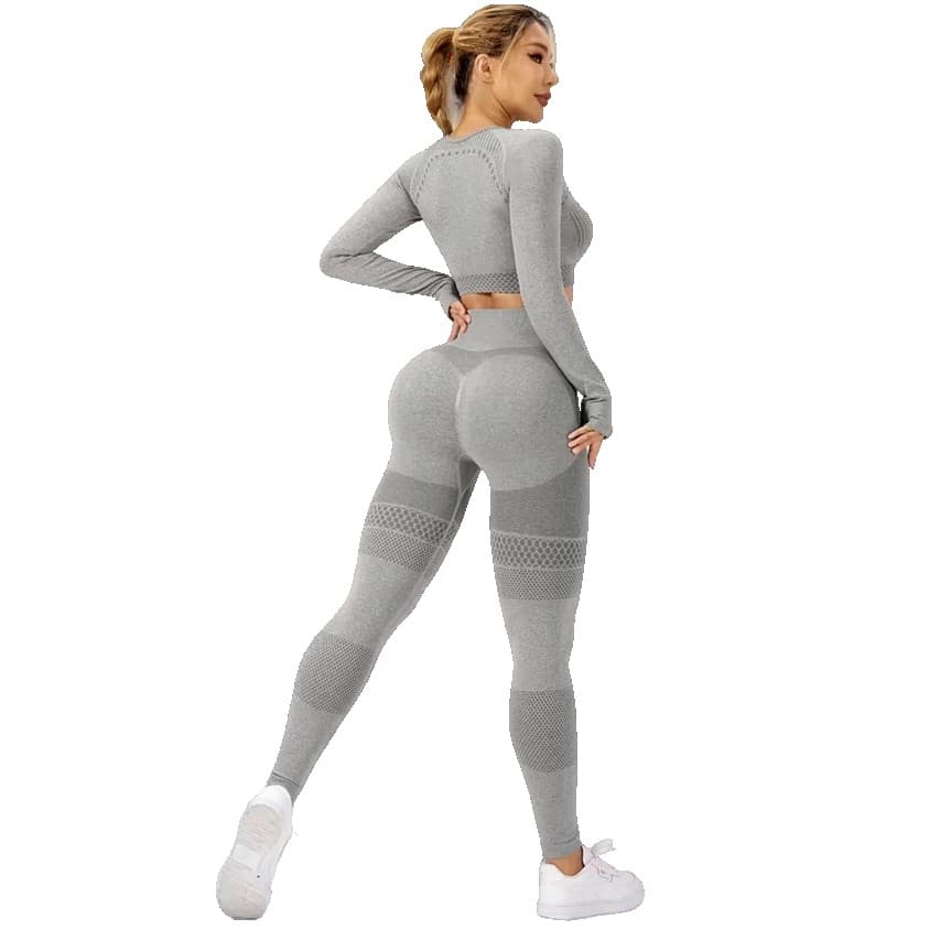 Costum Sport de Dama, Flippy, pentru Yoga, Talie Inalta, Top Scurt, Elastic, Gri, Marime M