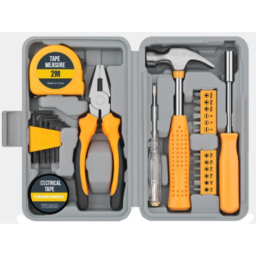 Set Scule 24 piese pentru Uz Casnic, Flippy, Instrumente Set in Trusa de Plastic Gri, din Plastic si Metal, 20 x 12.5 x 3
