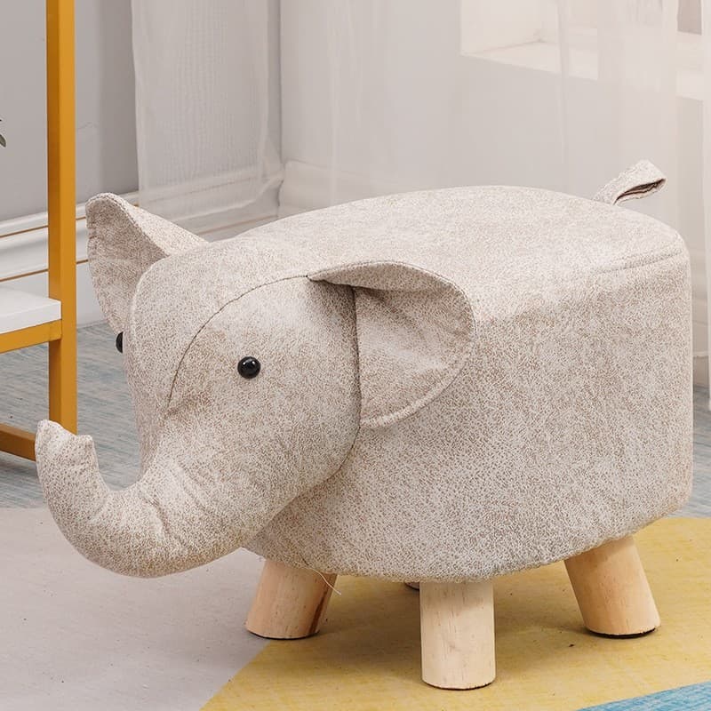 Taburet pentru Copii, Flippy, Scaun Tip Taburet, Model Elefant, din Lemn Masiv, Scaun pentru Copii, 30 x 25 x 25 cm, Alb Bej