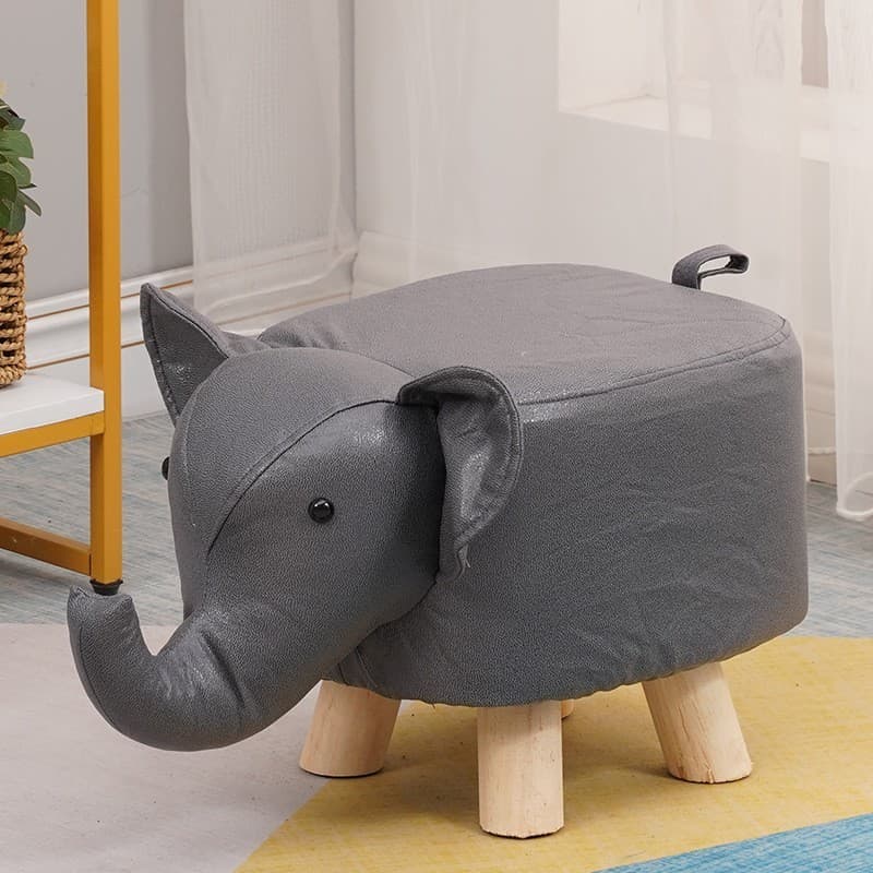 Taburet pentru Copii, Flippy, Scaun Tip Taburet, Model Elefant, din Lemn Masiv, Scaun pentru Copii, 30 x 25 x 25 cm, Gri inchis