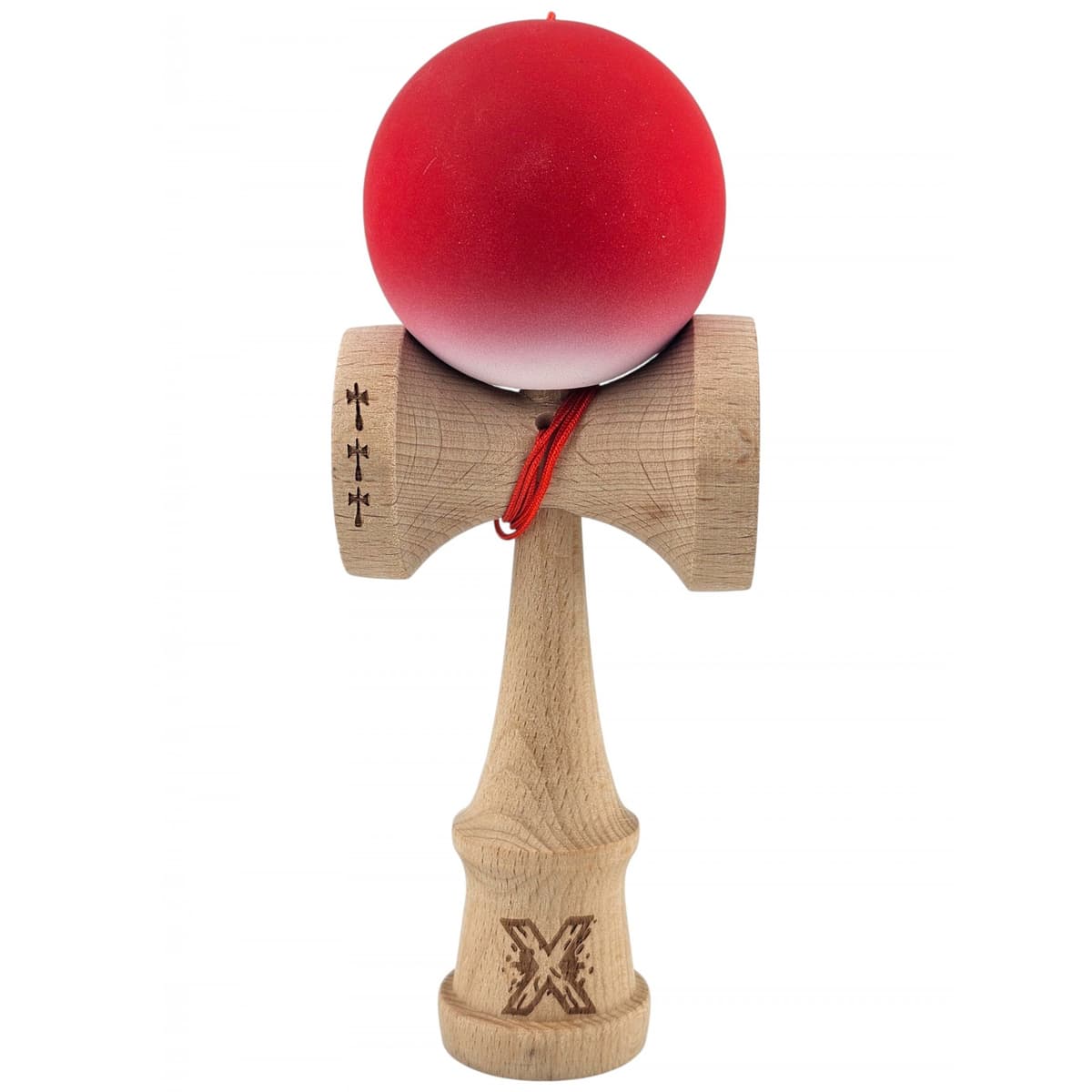 Kendama X Originala, Profesionala, Flippy, Big Cups V2, Rubber Grip cu Cupe Mari, Rulment Metalic cu Ata 55 cm, Gradient Rosu/Alb