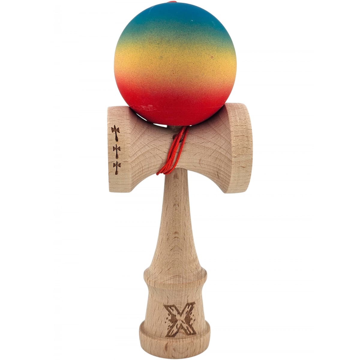 Kendama X Originala, Profesionala, Flippy, Big Cups V2, Rubber Grip cu Cupe Mari, Rulment Metalic cu Ata 55 cm, Gradient