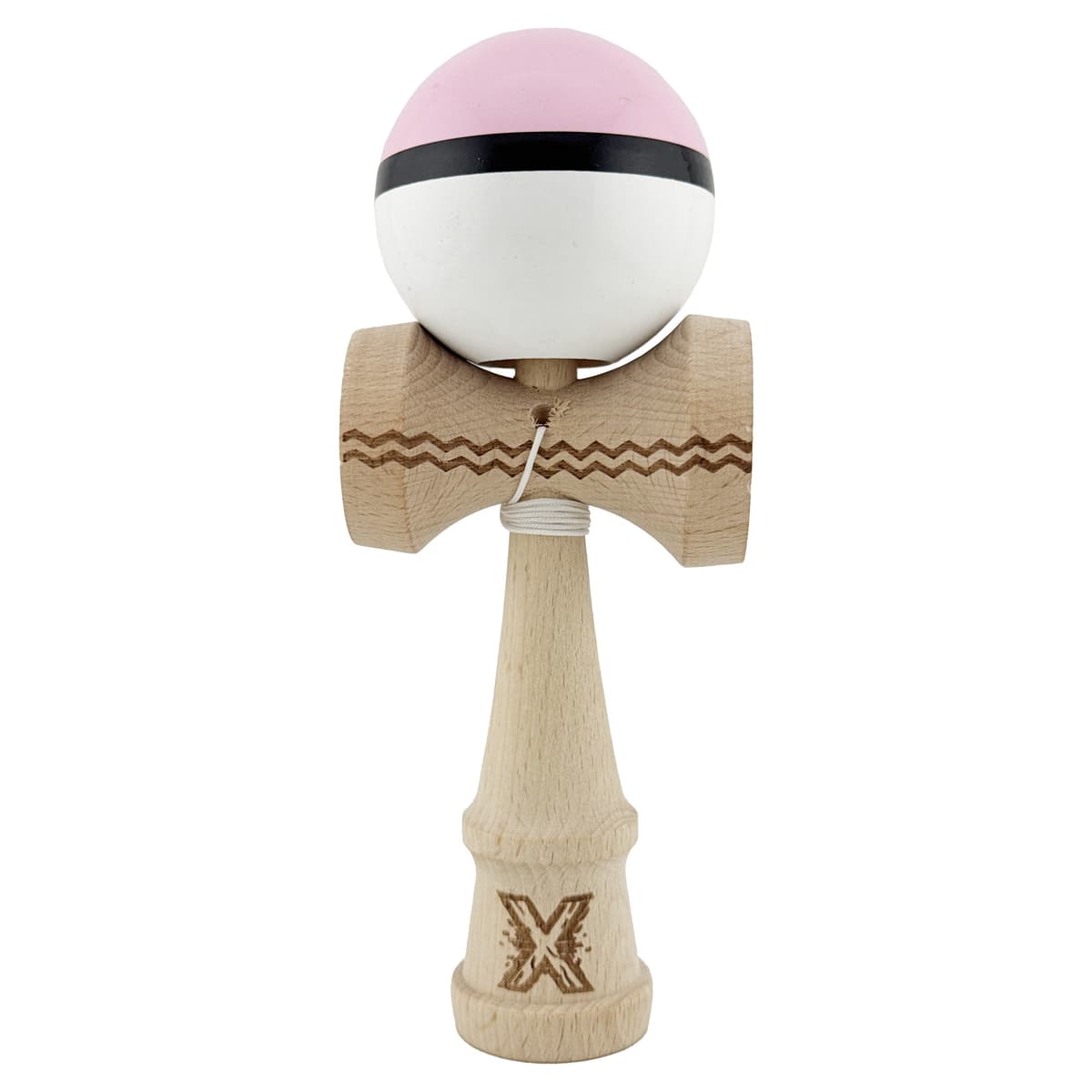 Kendama X Originala, Profesionala, Flippy, Gravata cu Cupe Mari V2, Super Sticky, Gaura in Baza, Rulment Metalic, din lemn 18 cm, Ata 55 cm, Roz/Negru/Alb
