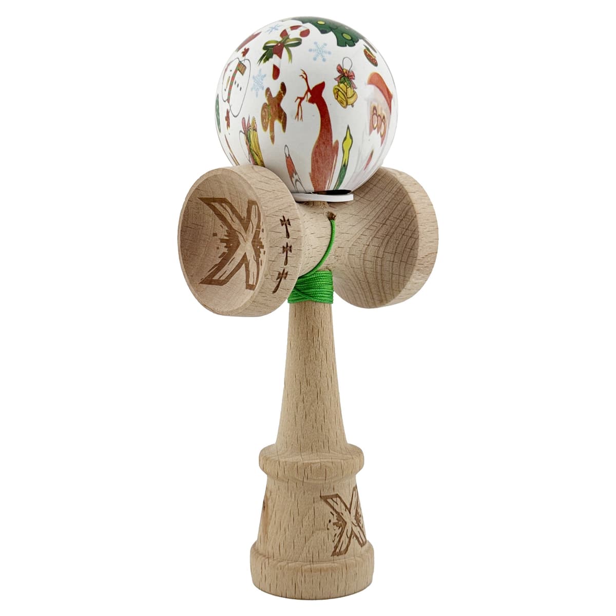 Kendama X Originala, Profesionala, Flippy, Christmas Edition, Super Sticky cu Cupe Mari KING SIZE V3, Rulment Metalic si Gaura in Baza, din Lemn 18 cm, Ata 62/65 cm, Alb Xmass Party