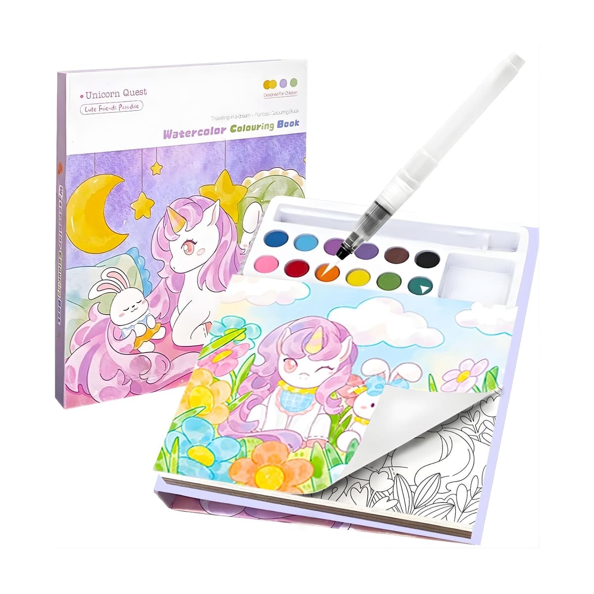 Carte de Colorat cu Acuarela, Flippy, Model Unicorn, 20 Foi de Carton 200 gr, 12 Culori, 1 Pensula, 15.7 x 18.8 x 1.8 cm, Mov