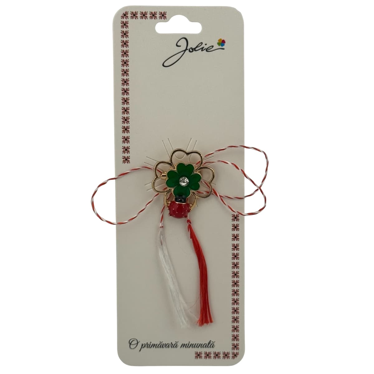 Martisor Brosa Primavara, Jolie, Material Metal, Ambalaj Carton si Opp, Dimensiune Brosa aproximativ 2 - 3 cm, Model Trifoi Buburuza
