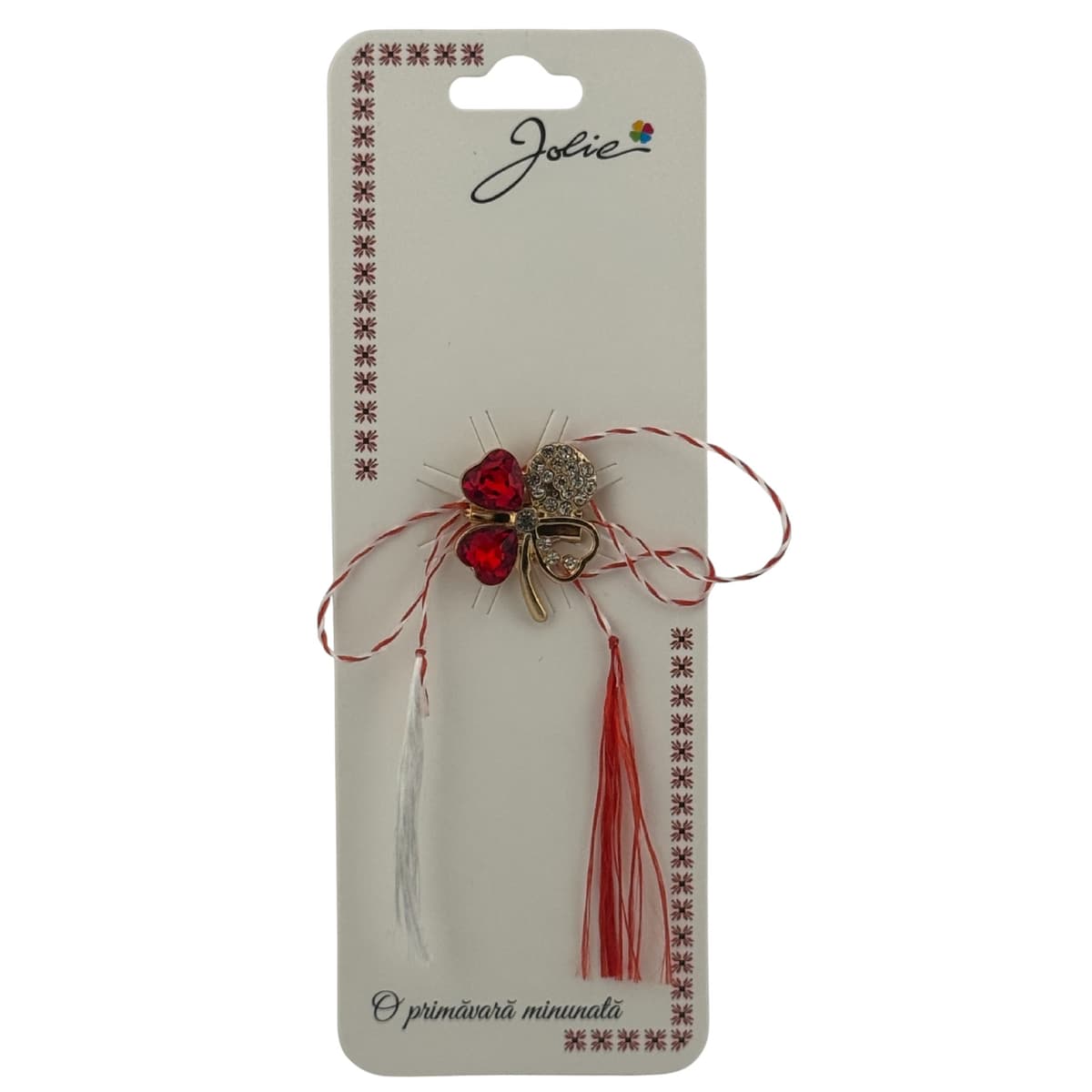 Martisor Brosa Primavara, Jolie, Material Metal, Ambalaj Carton si Opp, Dimensiune Brosa aproximativ 2 - 3 cm, Model Trifoi cu Patru Foi