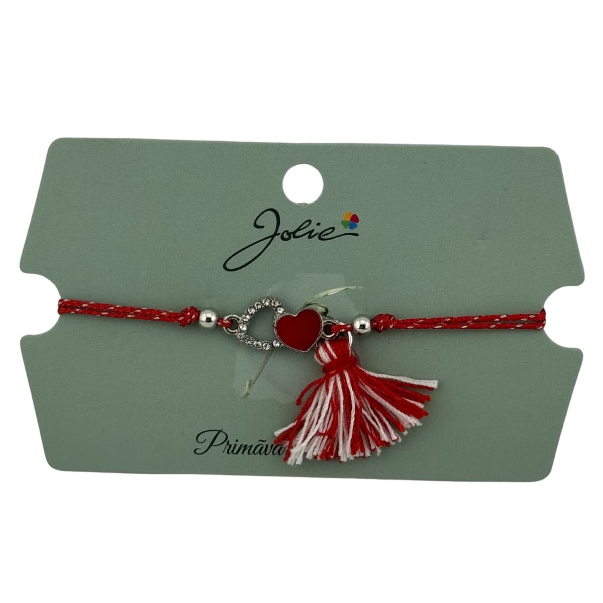 Martisor Bratara Ciucure, Jolie, Snur Rosu Reglabil, Model Doua Inimi, Argintiu-Rosu