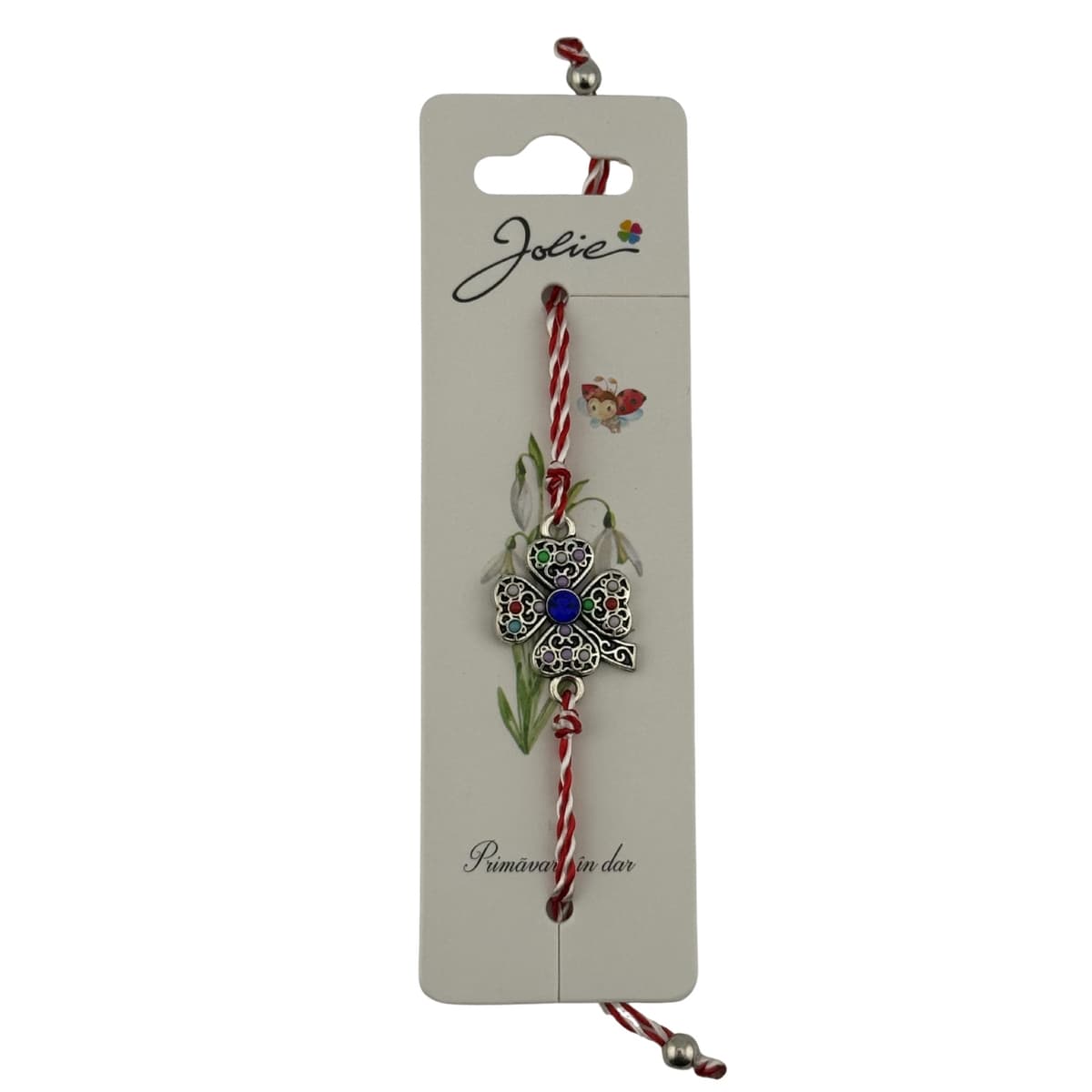 Martisor Bratara cu Snur Alb Rosu Reglabil, Jolie, Model Trifoi cu Patru Foi Multicolor, Jolie