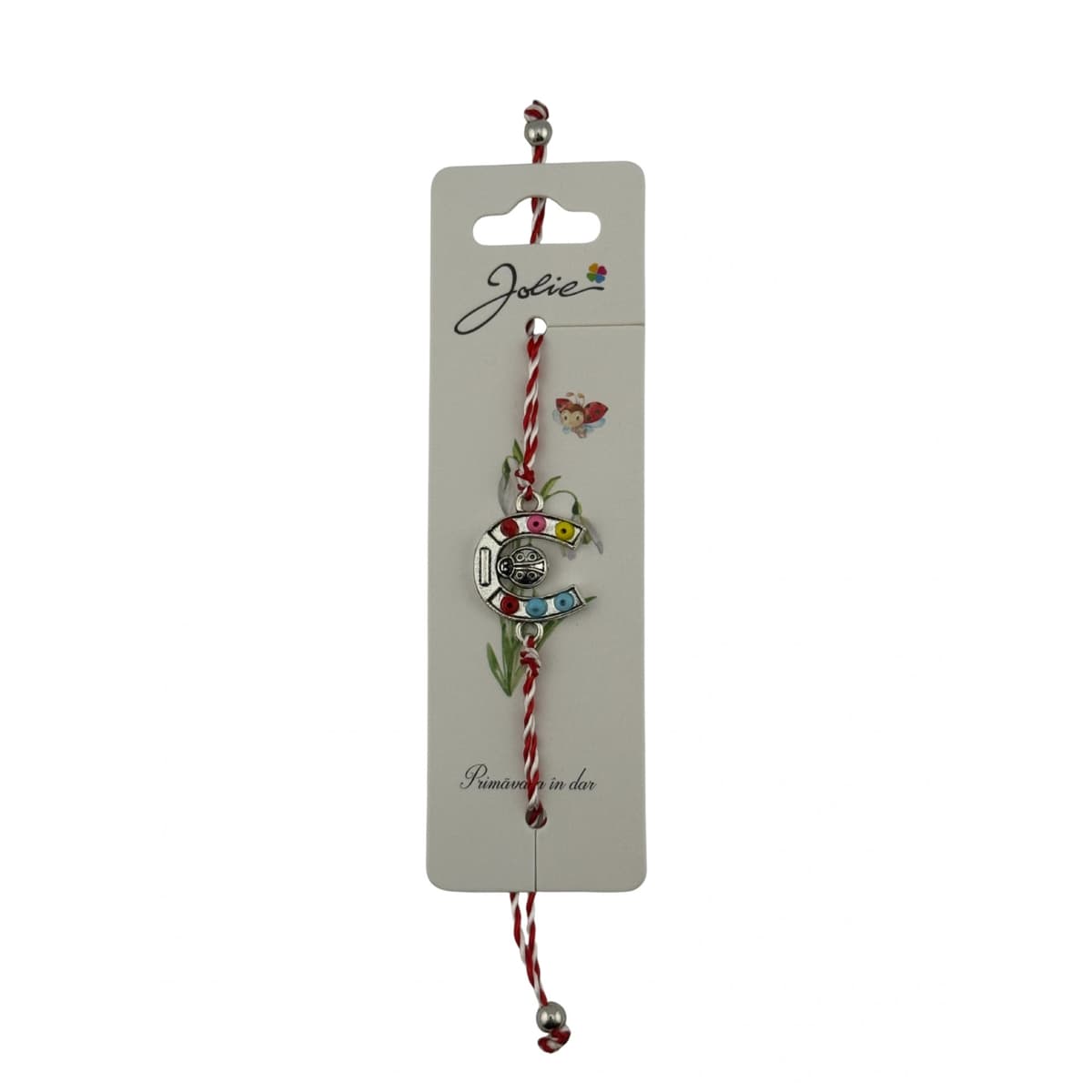 Martisor Bratara cu Snur Alb Rosu Reglabil, Jolie, Model Potcoava Multicolora cu Buburuza, Jolie