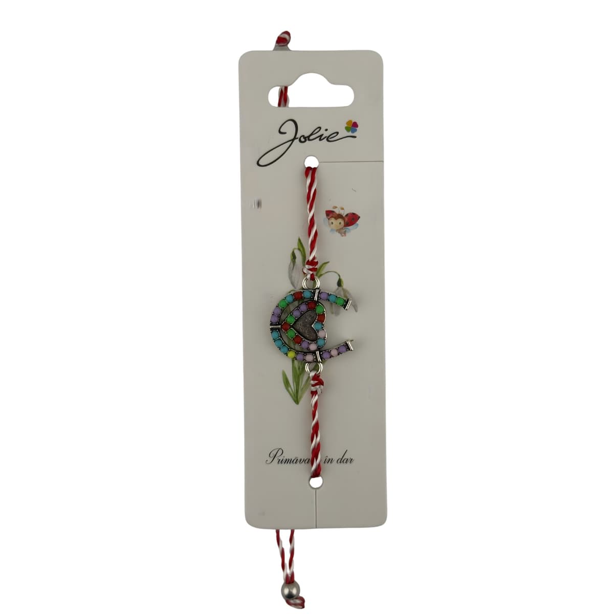 Martisor Bratara cu Snur Alb Rosu Reglabil, Jolie, Model Potcoava Multicolora cu Inimioara, Jolie