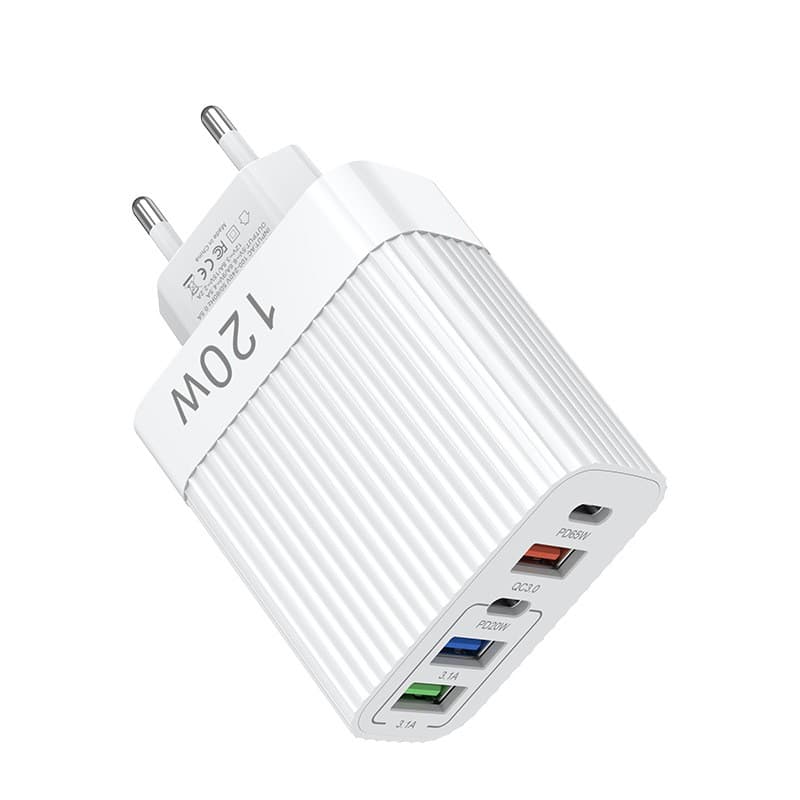 Incarcator Retea pentru Telefon, Flippy, Super Fast Charger Multi-Port, Power Delivery 120W, 3 USB-A, 2 TYPE-C, Compatibil Telefon si Tableta, Alb