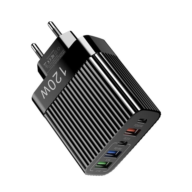 Incarcator Retea pentru Telefon, Flippy, Super Fast Charger Multi-Port, Power Delivery 120W, 3 USB-A, 2 TYPE-C, Compatibil Telefon si Tableta, Negru