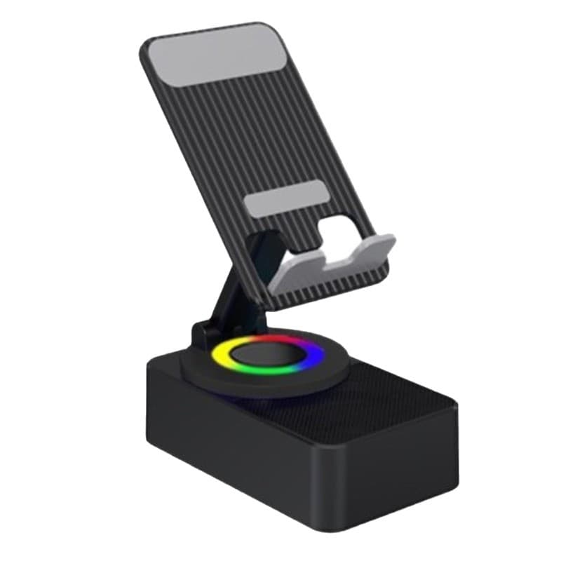 Suport Telefon cu Boxa Bluetooth, Flippy, Wireless, Rotativ 360°, Pliabil, 5 W, Acumulator 1500 mAh, USB Type-C, 12,2 x 7,4 x 5,8 cm, Negru