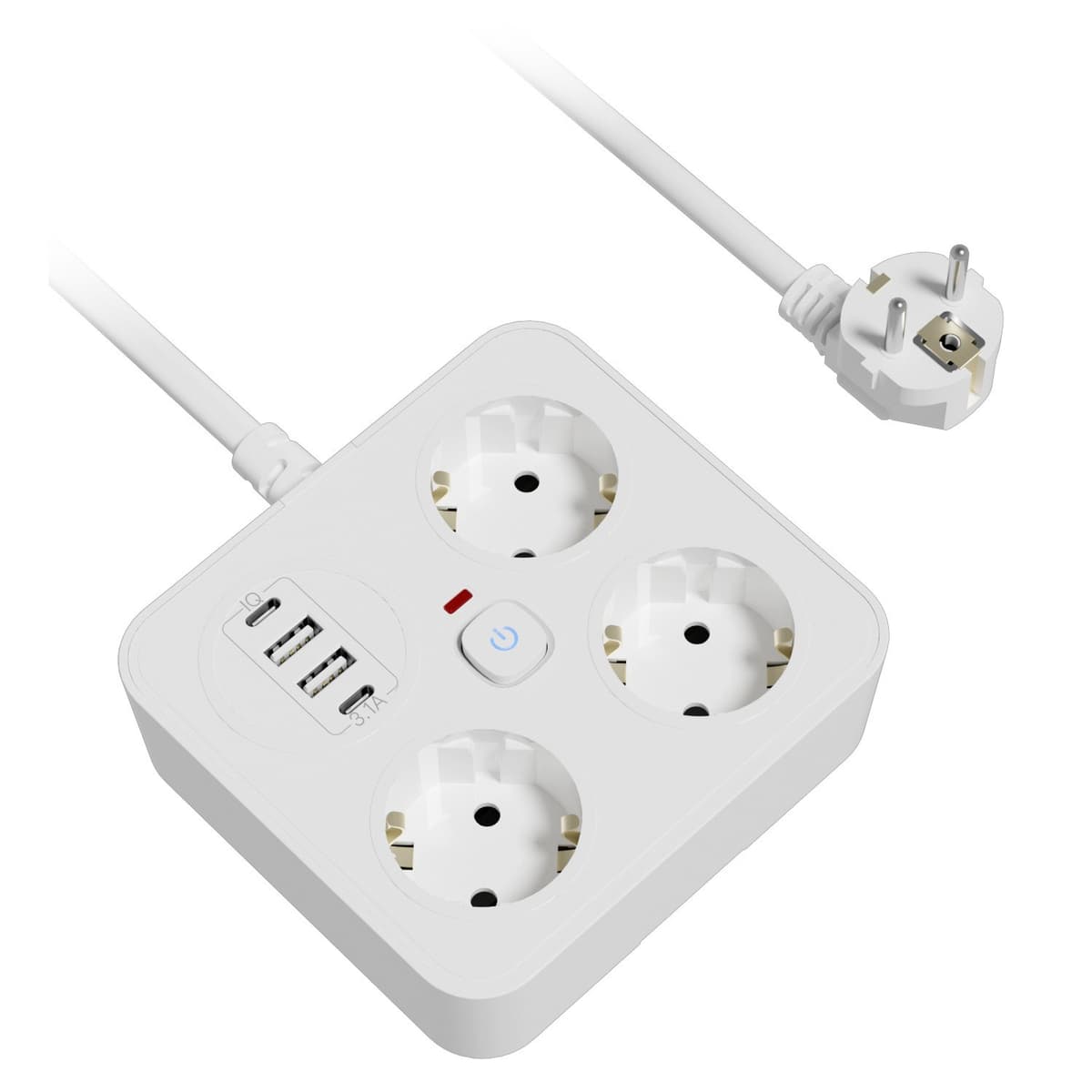 Prelungitor Multifunctional pentru Birou, Flippy, 3 Prize, 2 USB-A, 2 TYPE-C, Suport pentru Telefon, 3250W, Lungime Cablu 2 m, 11.4 x 12.4 cm, Alb