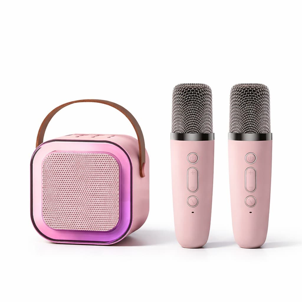 Boxa Portabila Karaoke, Flippy, Bluetooth 5.3, 5-10W, Set 2 Microfoane Wireless, LED RGB, 4 Efecte Vocale, Type-C, 14 x 11 cm, Roz