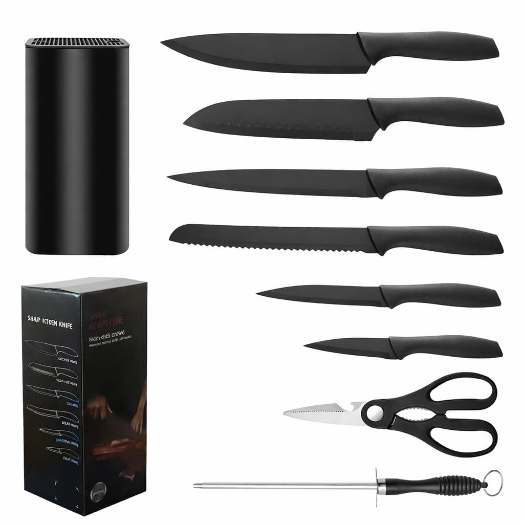 Cutite Bucatarie, Set 9 Piese, Flippy, Otel Inoxidabil cu Acoperire Antiaderenta, Suport Depozitare Inclus, 6 Cutite, Tija Ascutire si Foarfeca Bucatarie, 31 x 10 x 10 cm, Negru