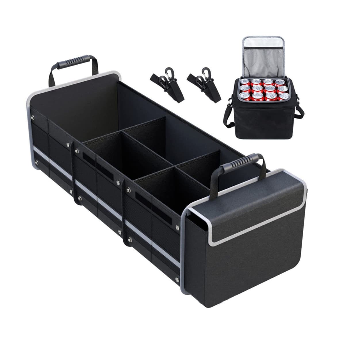 Organizator Auto pentru Portbagaj, Flippy, Model Pliabil, din Panza, cu Geanta Termoizolanta Detasabila, 3 Compartimente