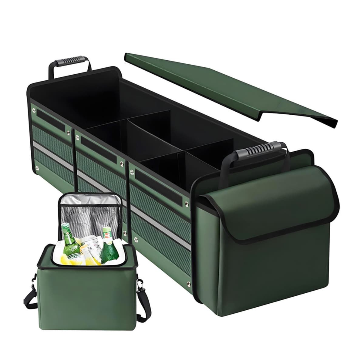 Organizator Auto pentru Portbagaj, Flippy, Model Pliabil, din Panza, cu Geanta Termoizolanta Detasabila, 3 Compartimente