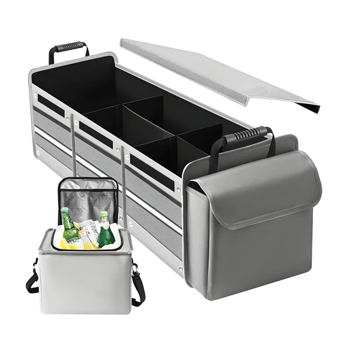Organizator Auto pentru Portbagaj, Flippy, Model Pliabil, din Panza, cu Geanta Termoizolanta Detasabila, 3 Compartimente