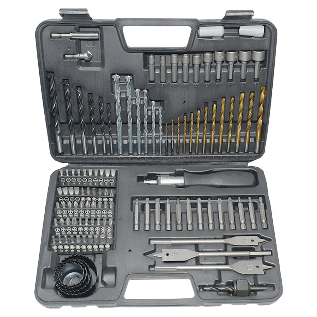Set Scule Profesionale, Flippy, Set 111 buc, Accesorii Multifunctionale pentru Gaurire si Insurubare, Burghie Lemn, Metal
