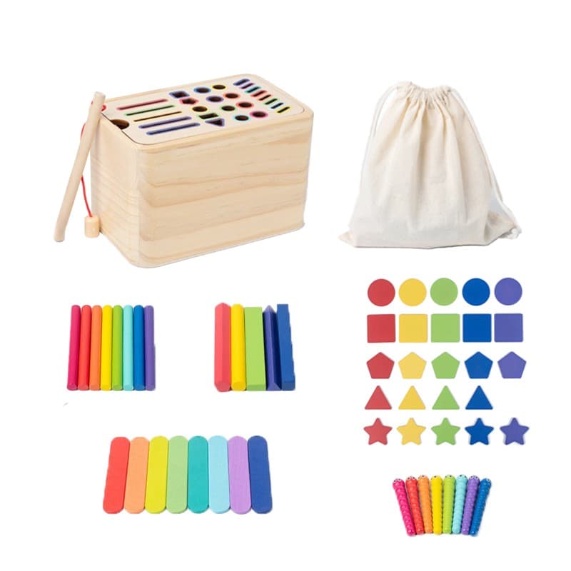 Jucarie Educativa Montessori Flippy din Lemn, Cutie Sortare Forme, Culori si Betisoare, Joc de Insirare, 56 piese