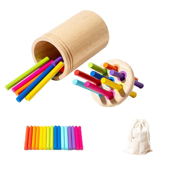 Jucarie Educativa Montessori din Lemn, 19 Piese, Flippy, Sortator cu Betisoare, Joc de Motricitate Fina pentru Copii, Varsta