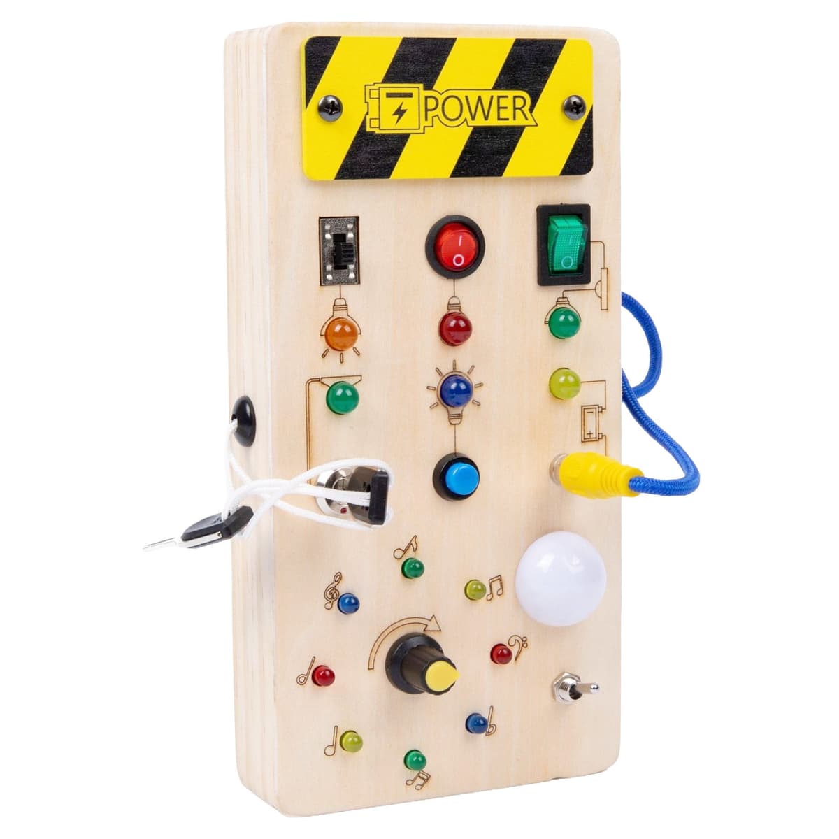 Jucarie Educativa Montessori pentru Copii, Flippy, Model Busy Board, Tableta din Lemn cu Circuit Luminos, 36 Comutatoare