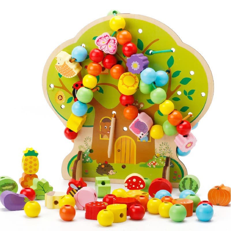 Jucarie Educativa Montessori 2 in 1 din Lemn, Flippy, Model Pomul cu Fructe, 102 piese, Dezvoltare Motricitate Fina, Copii