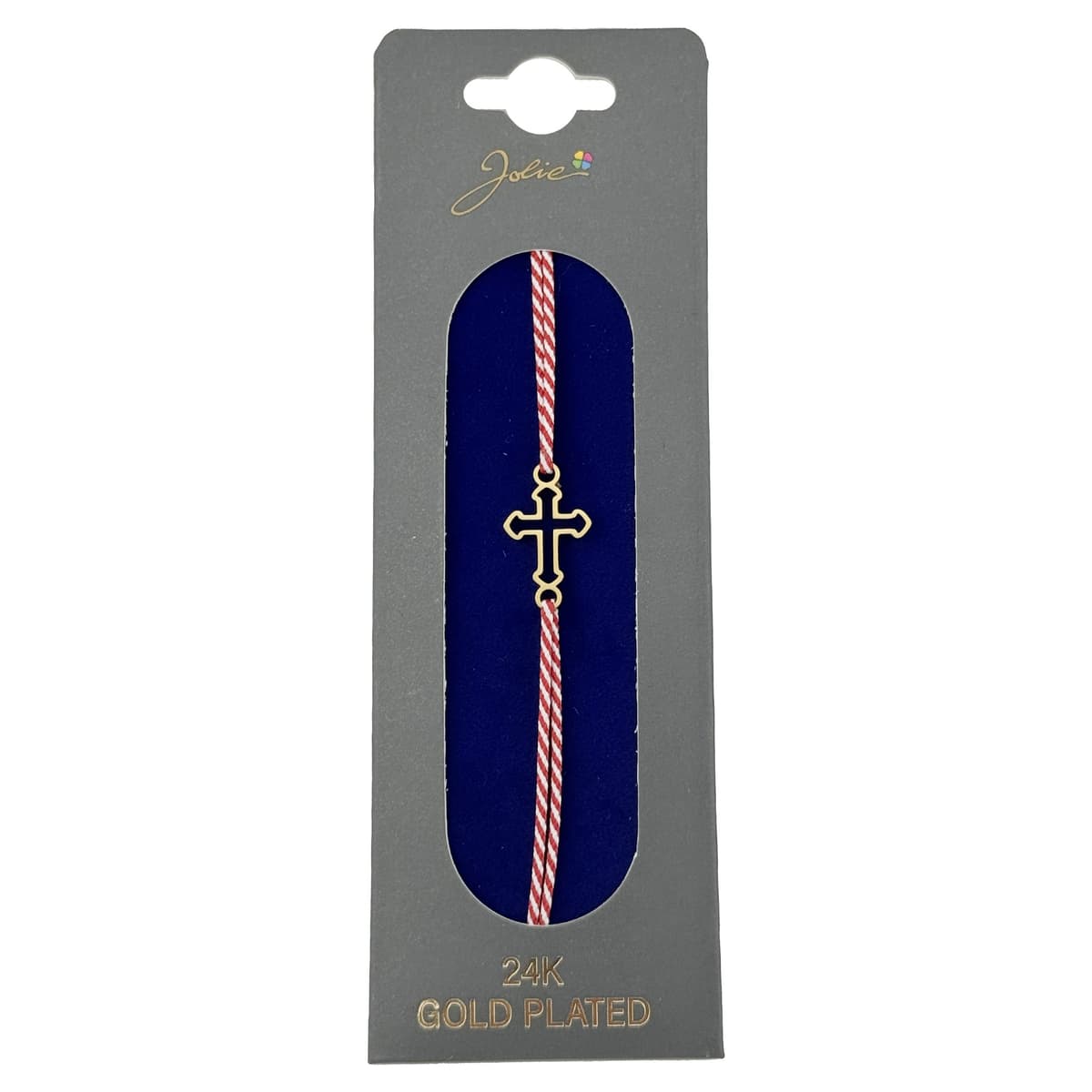 Bratara Placata cu Aur 24k, Jolie, Model CRUCE, Martisor Bratara, cu Snur Alb/Rosu, Auriu