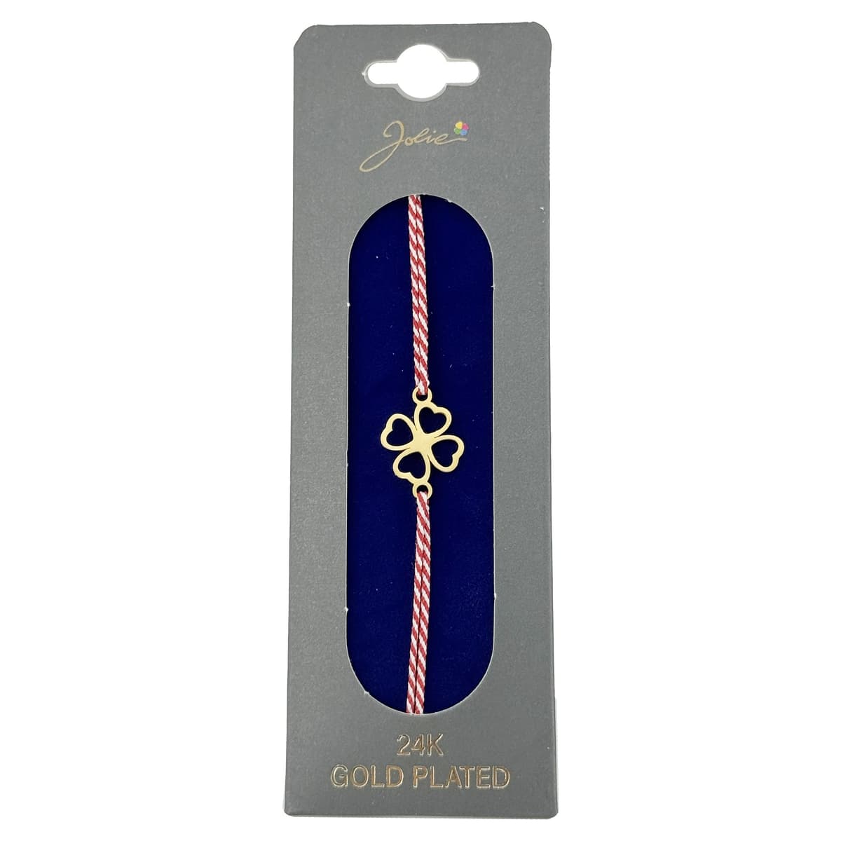 Bratara Placata cu Aur 24k, Jolie, Model TRIFOI, Martisor Bratara, cu Snur Alb/Rosu, Auriu